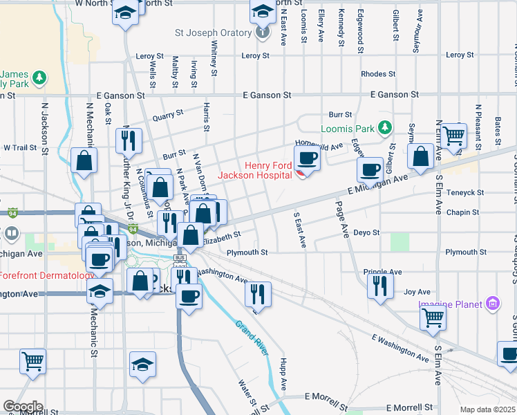 map of restaurants, bars, coffee shops, grocery stores, and more near 823 Interstate 94 Business Loop in Jackson