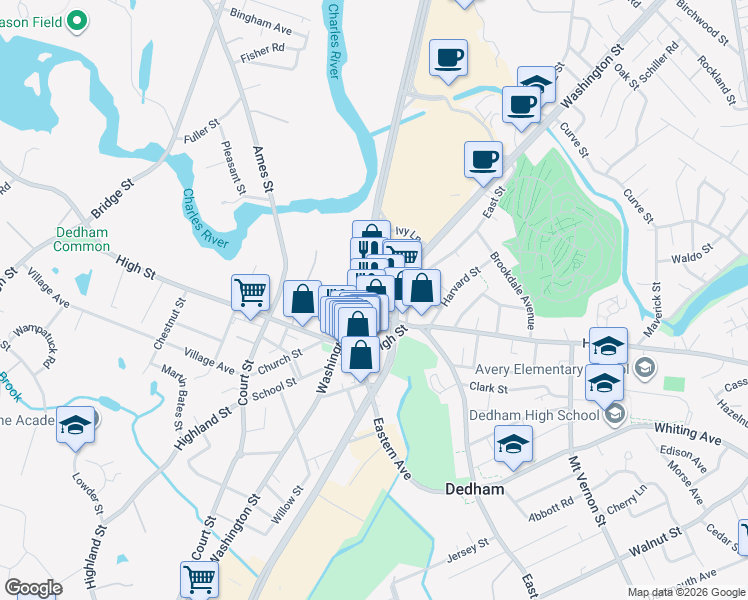 map of restaurants, bars, coffee shops, grocery stores, and more near 22 Harris Street in Dedham