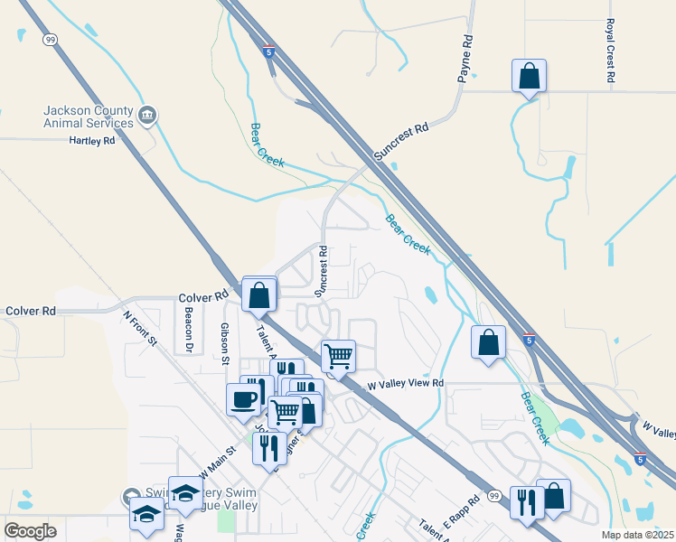 map of restaurants, bars, coffee shops, grocery stores, and more near 240 Suncrest Road in Talent