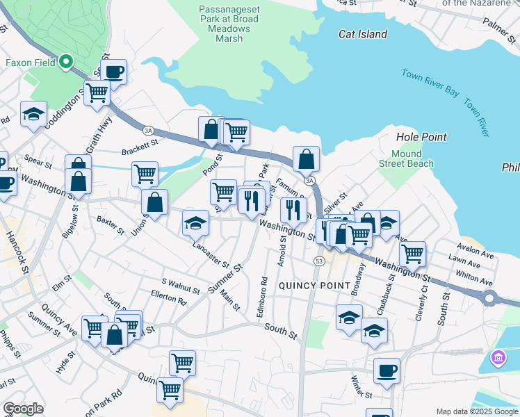 map of restaurants, bars, coffee shops, grocery stores, and more near 390 Washington Street in Quincy