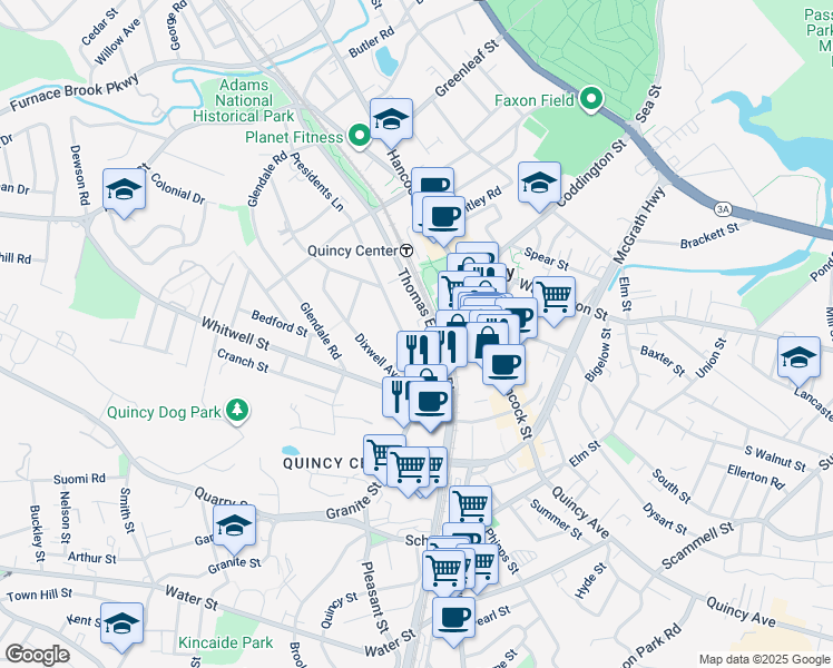 map of restaurants, bars, coffee shops, grocery stores, and more near 231 Presidents Lane in Quincy