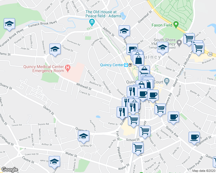 map of restaurants, bars, coffee shops, grocery stores, and more near 168 Glendale Road in Quincy