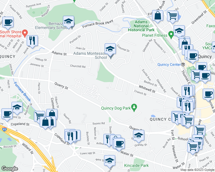 map of restaurants, bars, coffee shops, grocery stores, and more near 56 Curtis Street in Quincy