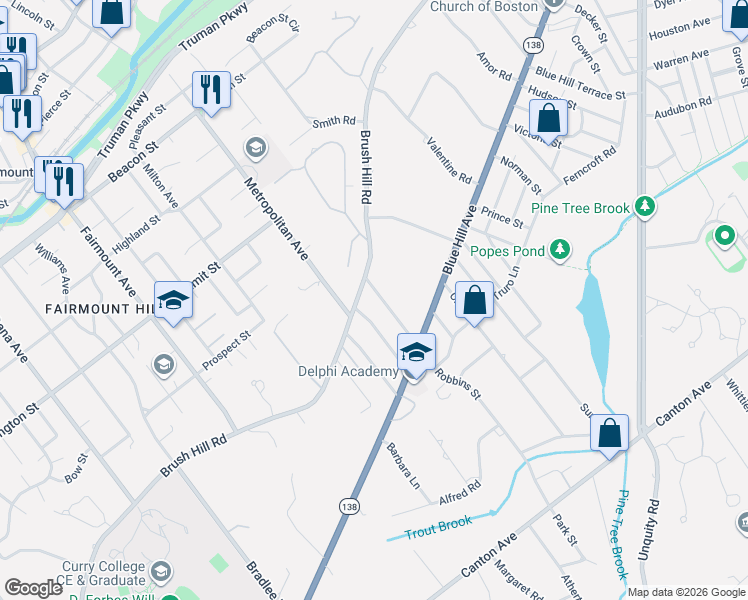 map of restaurants, bars, coffee shops, grocery stores, and more near 236 Robbins Street in Milton