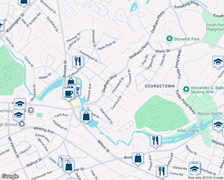map of restaurants, bars, coffee shops, grocery stores, and more near 61 Fleming Street in Dedham