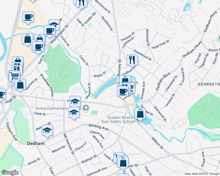map of restaurants, bars, coffee shops, grocery stores, and more near 5 Pond Place in Dedham