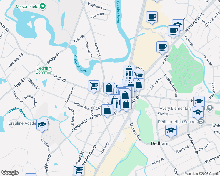 map of restaurants, bars, coffee shops, grocery stores, and more near 4 Kings Court in Dedham