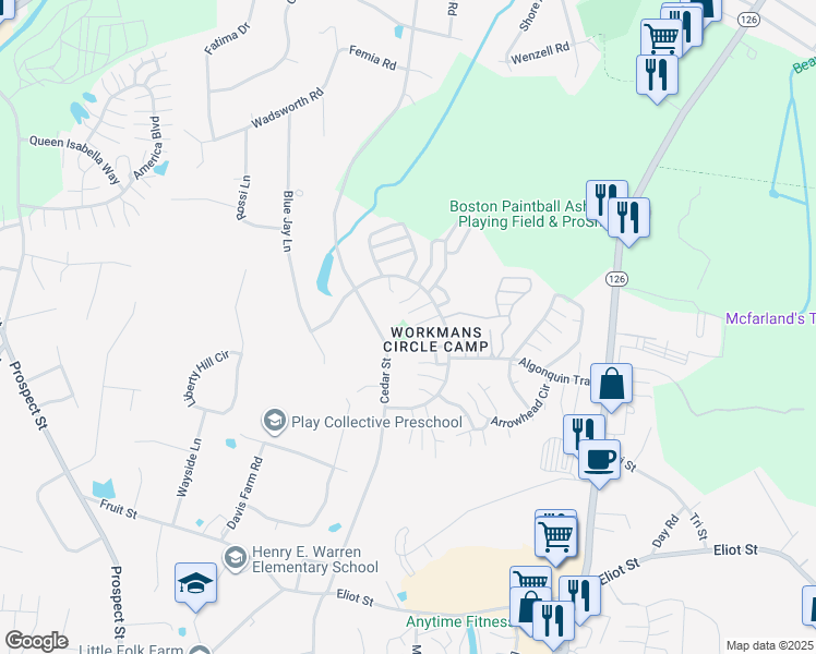 map of restaurants, bars, coffee shops, grocery stores, and more near 146 Captain Eames Circle in Ashland