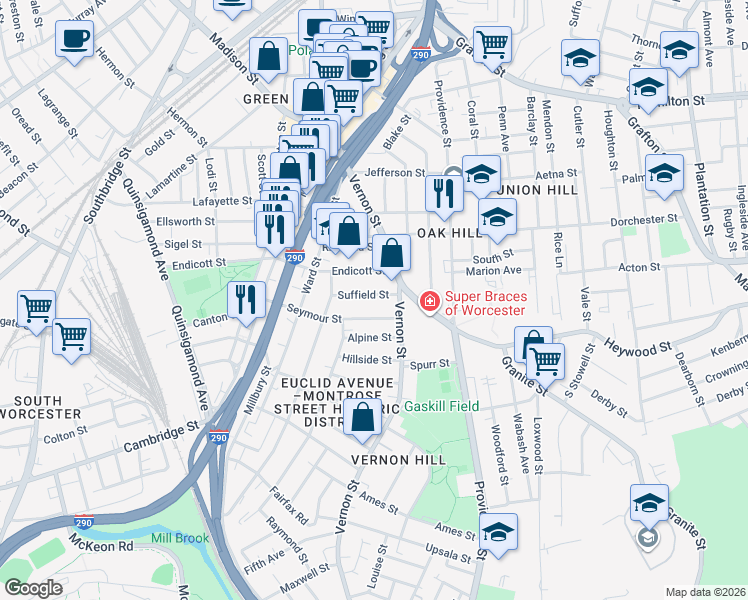 map of restaurants, bars, coffee shops, grocery stores, and more near 76 Seymour Street in Worcester