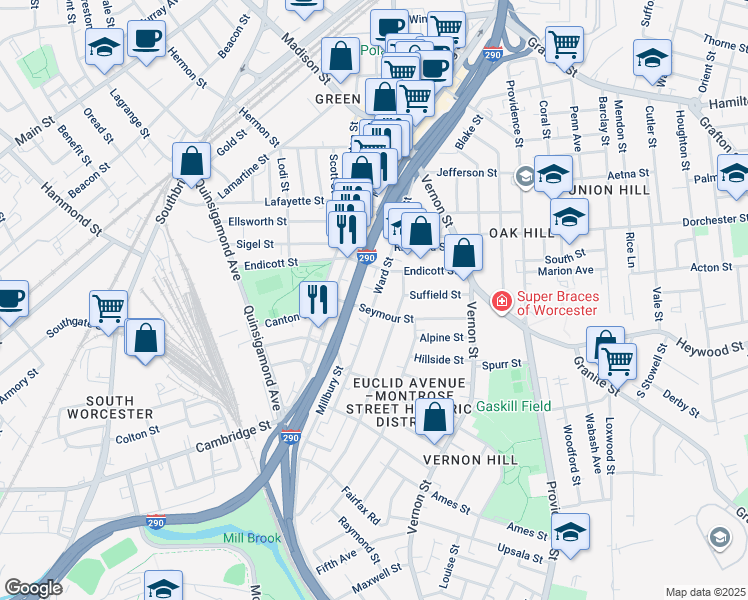 map of restaurants, bars, coffee shops, grocery stores, and more near 73 Ward Street in Worcester
