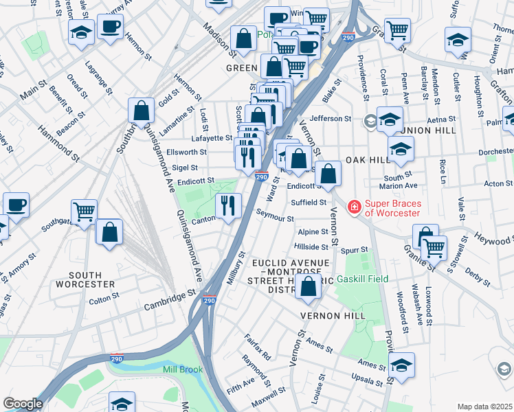 map of restaurants, bars, coffee shops, grocery stores, and more near 73 Ward Street in Worcester