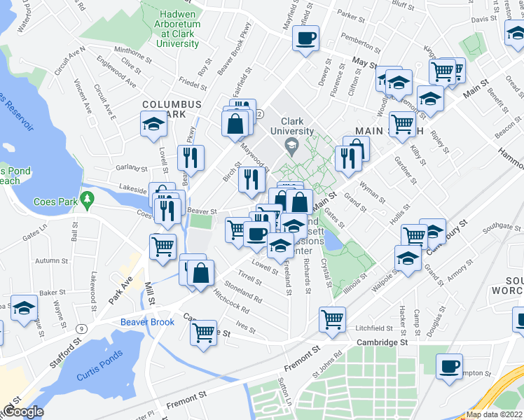 map of restaurants, bars, coffee shops, grocery stores, and more near 14 Clement Street in Worcester