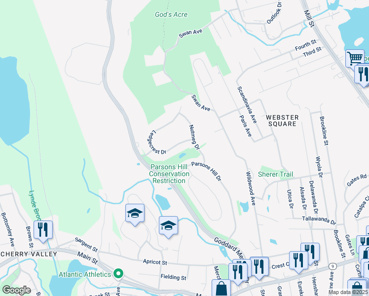 map of restaurants, bars, coffee shops, grocery stores, and more near 16 Parsons Hill Drive in Worcester