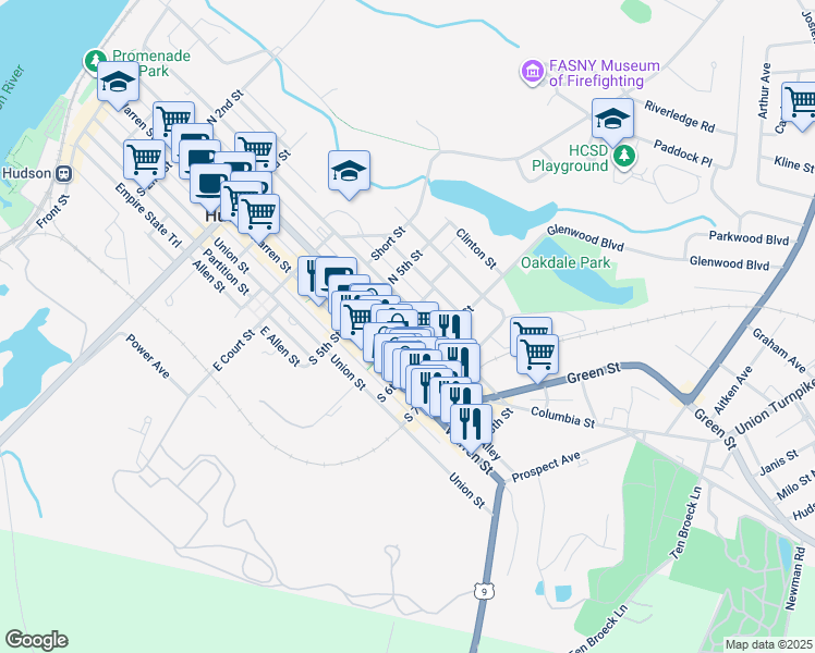 map of restaurants, bars, coffee shops, grocery stores, and more near 558 Columbia Street in Hudson