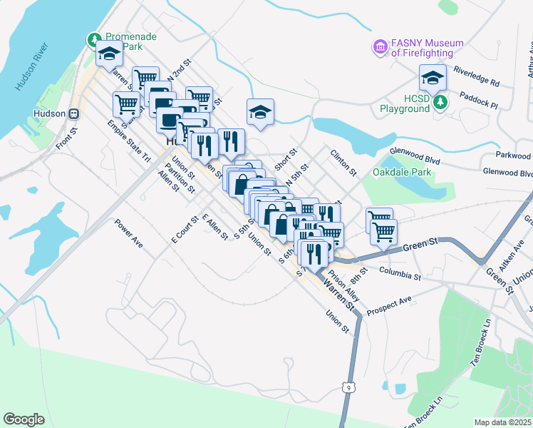 map of restaurants, bars, coffee shops, grocery stores, and more near 501-509 Warren Street in Hudson
