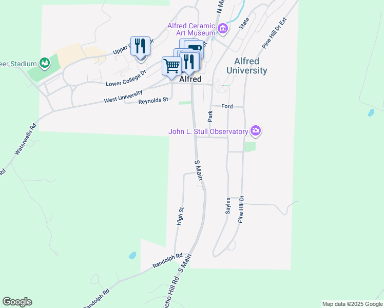 map of restaurants, bars, coffee shops, grocery stores, and more near 57 South Main in Alfred