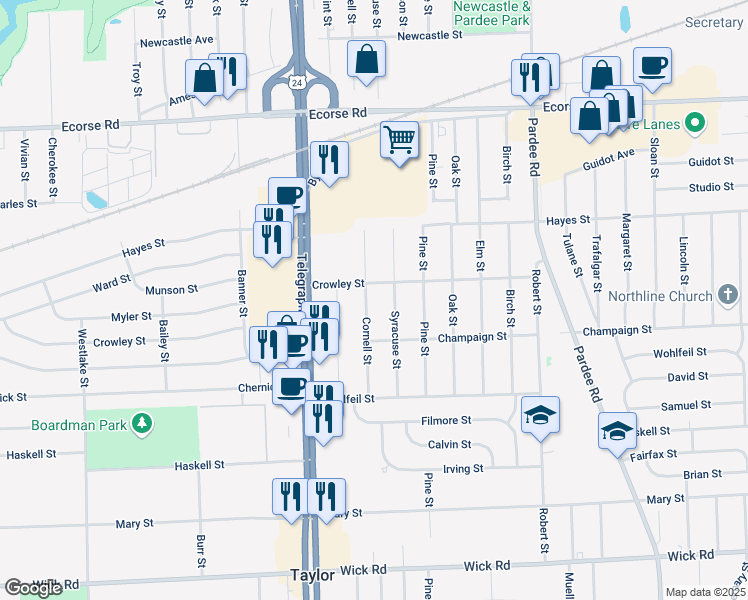map of restaurants, bars, coffee shops, grocery stores, and more near 8104 Syracuse Street in Taylor