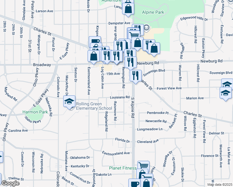 map of restaurants, bars, coffee shops, grocery stores, and more near 1804 Raismore Road in Rockford
