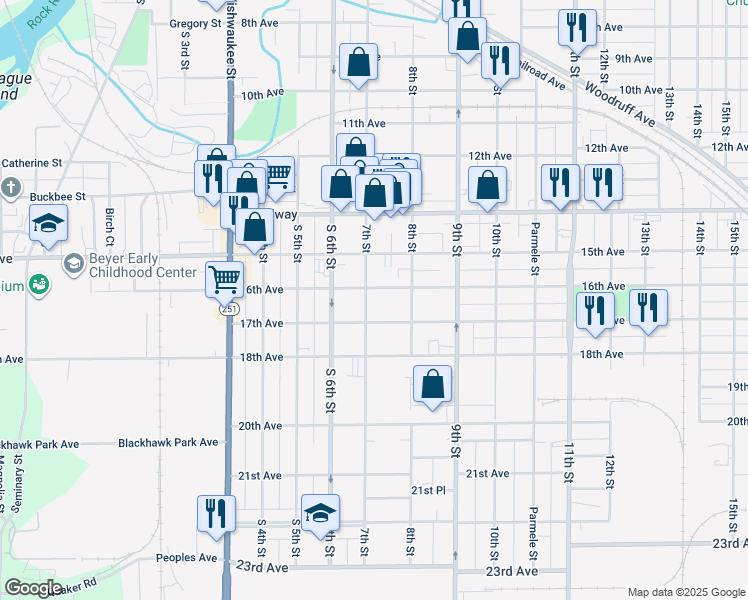map of restaurants, bars, coffee shops, grocery stores, and more near 1110 17th Avenue in Rockford