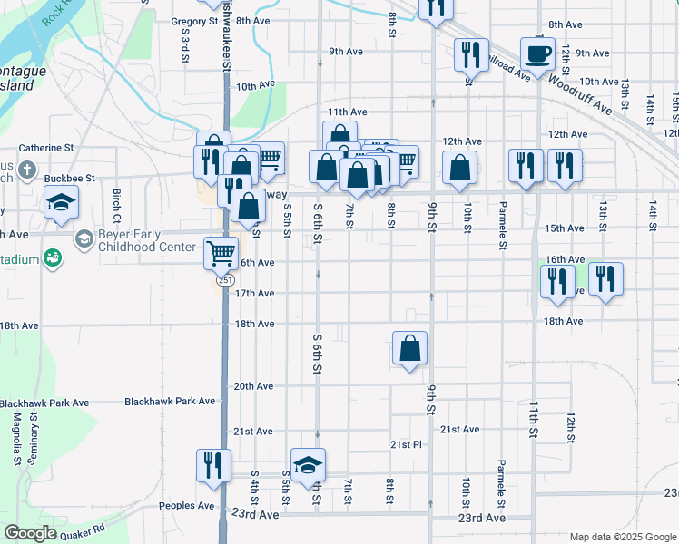 map of restaurants, bars, coffee shops, grocery stores, and more near 1728 South 6th Street in Rockford