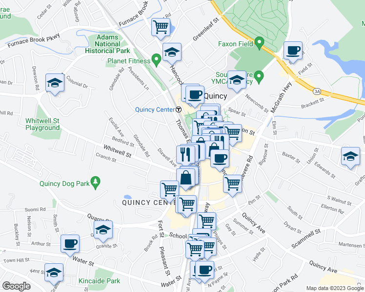map of restaurants, bars, coffee shops, grocery stores, and more near 231 Presidents Lane in Quincy