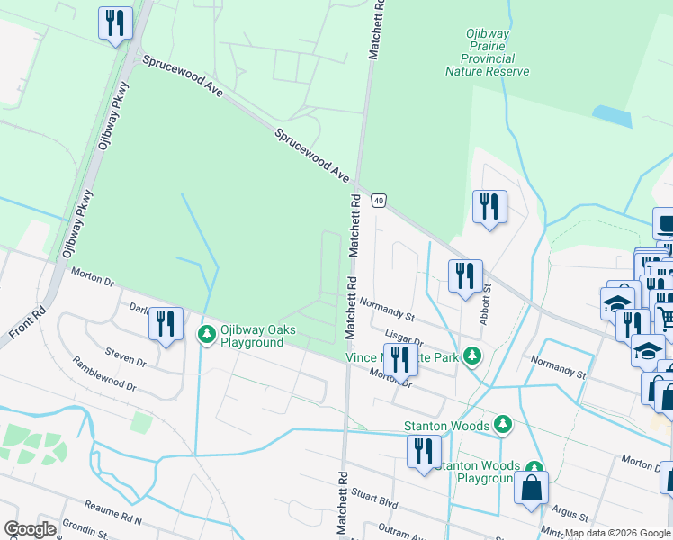 map of restaurants, bars, coffee shops, grocery stores, and more near 5980 Ballantrae Crescent in Windsor
