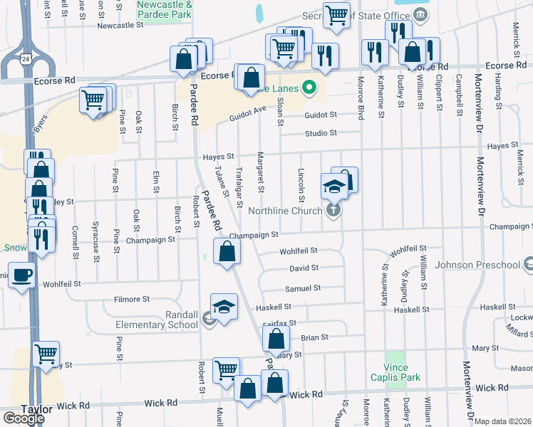 map of restaurants, bars, coffee shops, grocery stores, and more near 22460 Champaign Street in Taylor