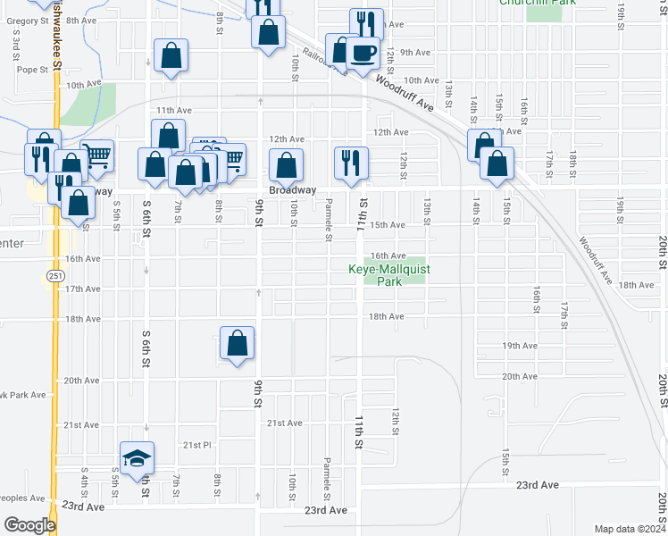 map of restaurants, bars, coffee shops, grocery stores, and more near 1712 Parmele Street in Rockford