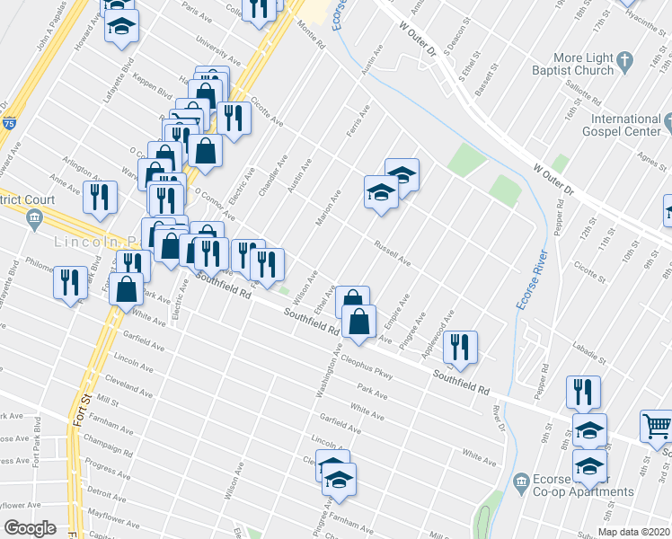 map of restaurants, bars, coffee shops, grocery stores, and more near 1578 Ethel Avenue in Lincoln Park