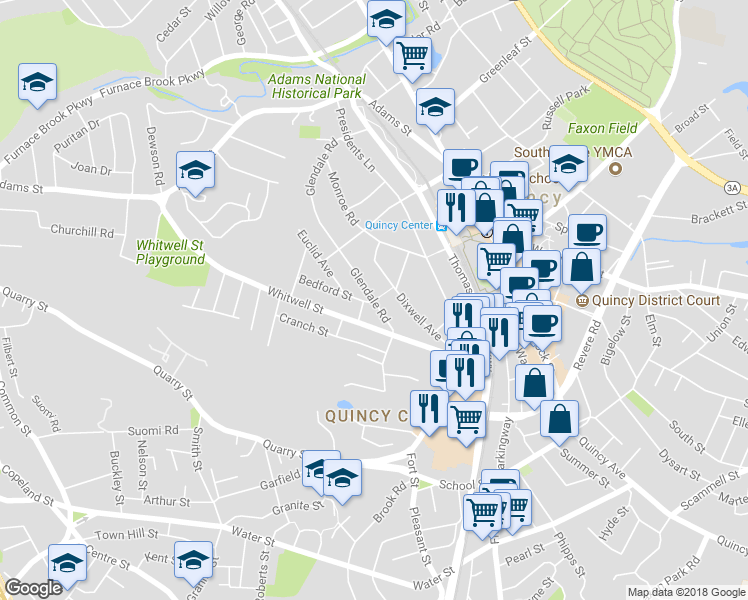 map of restaurants, bars, coffee shops, grocery stores, and more near 148 Glendale Road in Quincy
