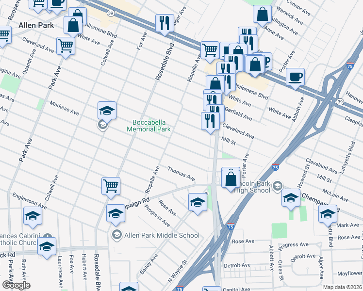 map of restaurants, bars, coffee shops, grocery stores, and more near 2043 Regina Avenue in Lincoln Park