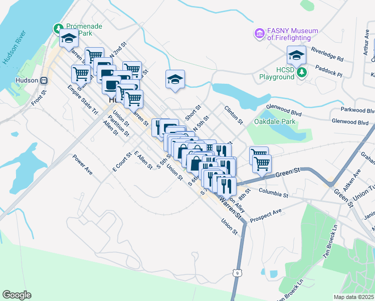 map of restaurants, bars, coffee shops, grocery stores, and more near 535 Warren Street in Hudson