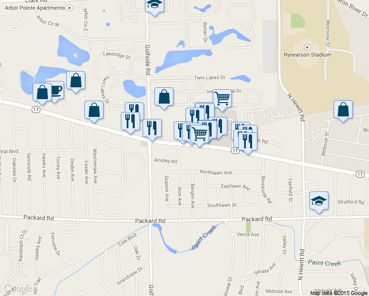 map of restaurants, bars, coffee shops, grocery stores, and more near 3015 Washtenaw Ave in Ypsilanti