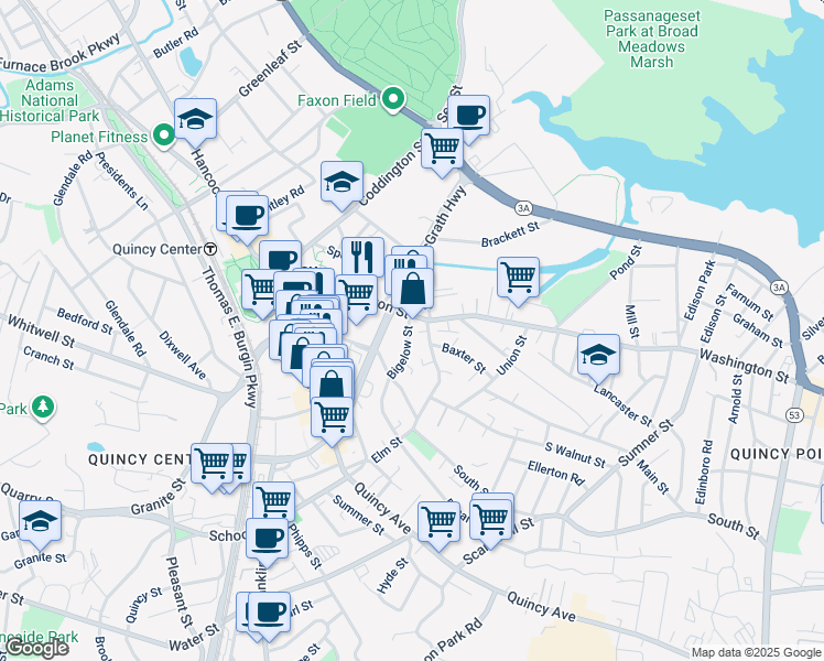 map of restaurants, bars, coffee shops, grocery stores, and more near 12 Bigelow Street in Quincy