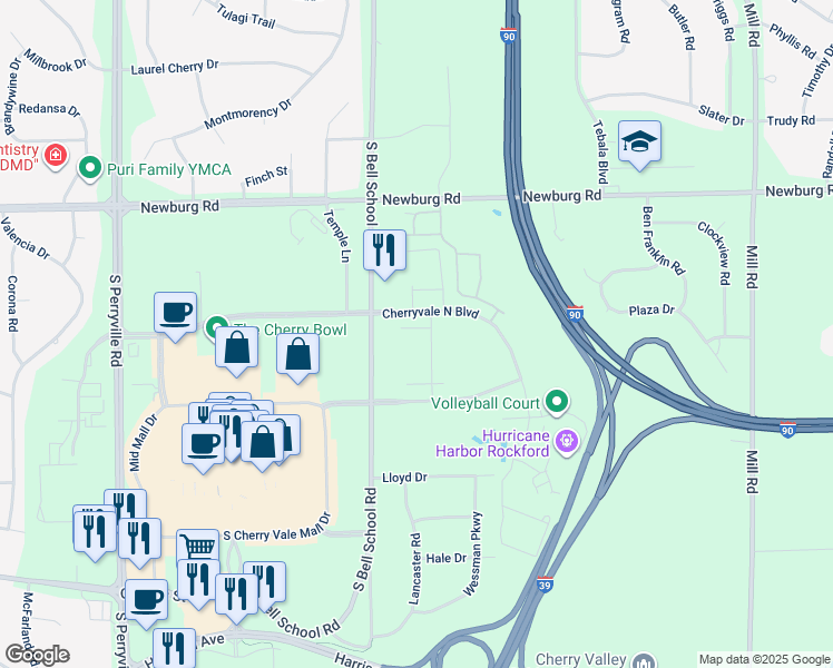 map of restaurants, bars, coffee shops, grocery stores, and more near 1754 Millbrook Lane in Cherry Valley