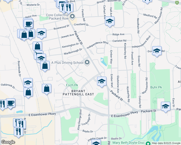 map of restaurants, bars, coffee shops, grocery stores, and more near 2502 Packard Street in Ann Arbor