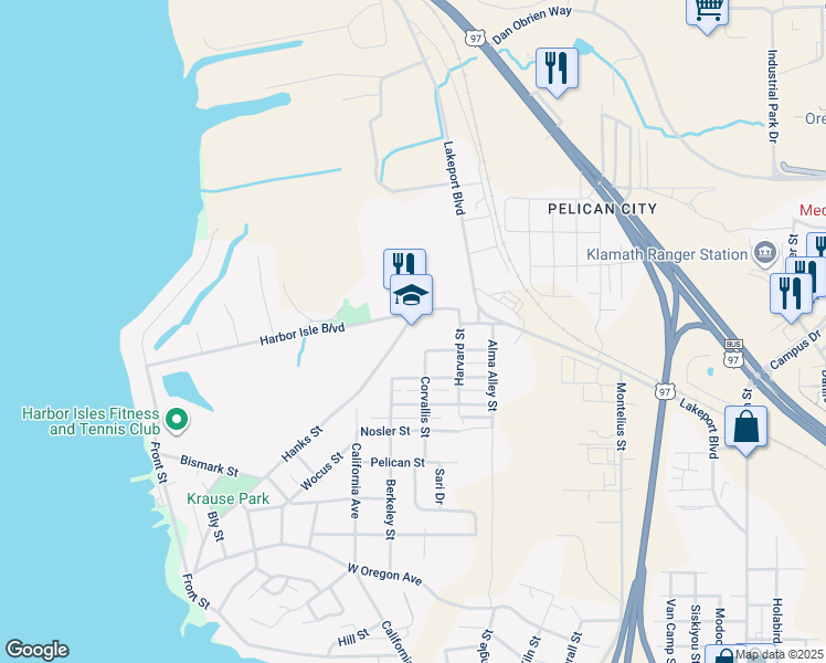 map of restaurants, bars, coffee shops, grocery stores, and more near 501 McLean Street in Klamath Falls