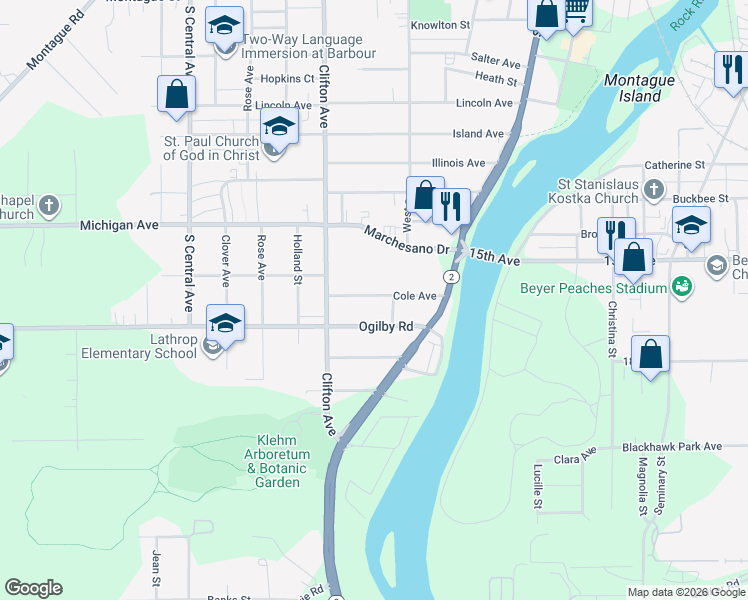 map of restaurants, bars, coffee shops, grocery stores, and more near 301 Ogilby Road in Rockford
