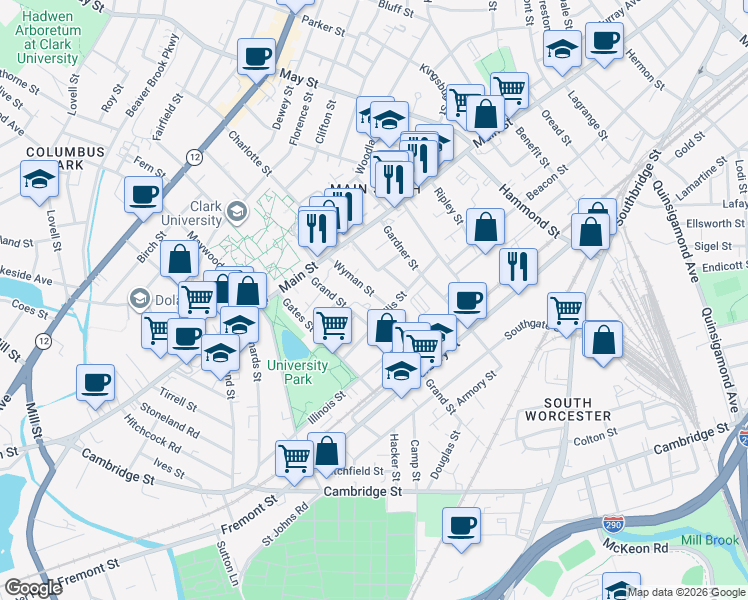 map of restaurants, bars, coffee shops, grocery stores, and more near 45 Grand Street in Worcester