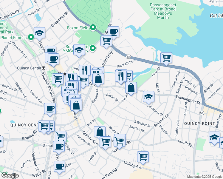 map of restaurants, bars, coffee shops, grocery stores, and more near 29 Edwards Street in Quincy