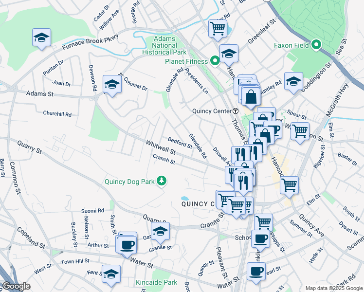 map of restaurants, bars, coffee shops, grocery stores, and more near 220 Whitwell Street in Quincy