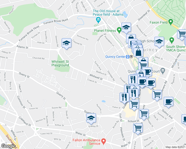 map of restaurants, bars, coffee shops, grocery stores, and more near 46 Cranch Street in Quincy