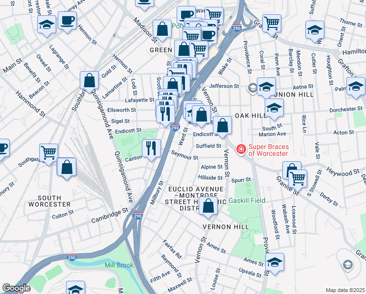 map of restaurants, bars, coffee shops, grocery stores, and more near 73 Ward Street in Worcester