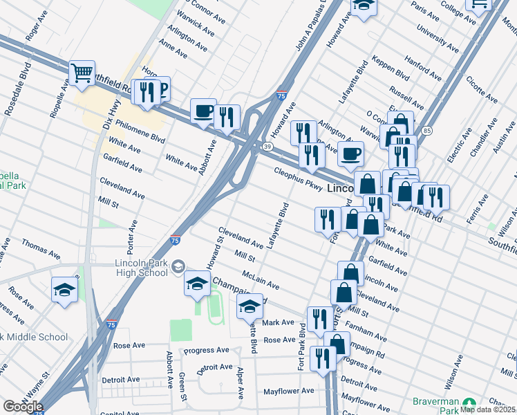 map of restaurants, bars, coffee shops, grocery stores, and more near 1511 Garfield Avenue in Lincoln Park