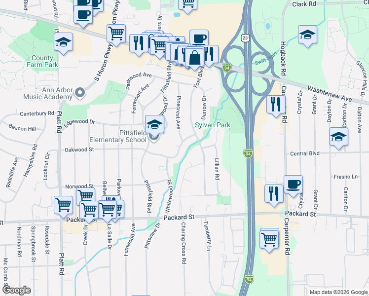 map of restaurants, bars, coffee shops, grocery stores, and more near 5 Gallway Court in Ann Arbor