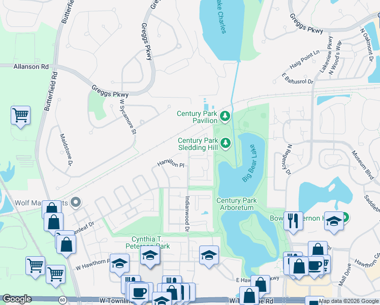 map of restaurants, bars, coffee shops, grocery stores, and more near 15 Echo Court in Vernon Hills