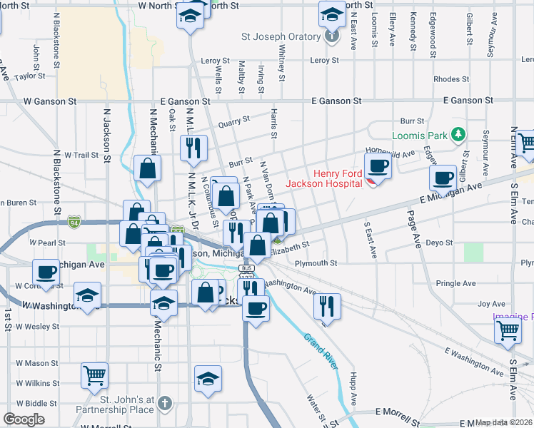 map of restaurants, bars, coffee shops, grocery stores, and more near 608 East Pearl Street in Jackson