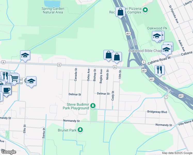 map of restaurants, bars, coffee shops, grocery stores, and more near 5752 Bishop Street in Windsor