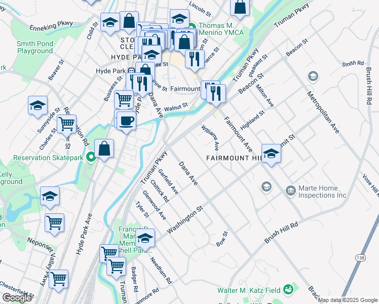map of restaurants, bars, coffee shops, grocery stores, and more near 128 Dana Avenue in Boston