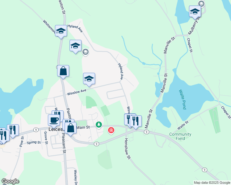 map of restaurants, bars, coffee shops, grocery stores, and more near 11 Deer Pond Drive in Leicester
